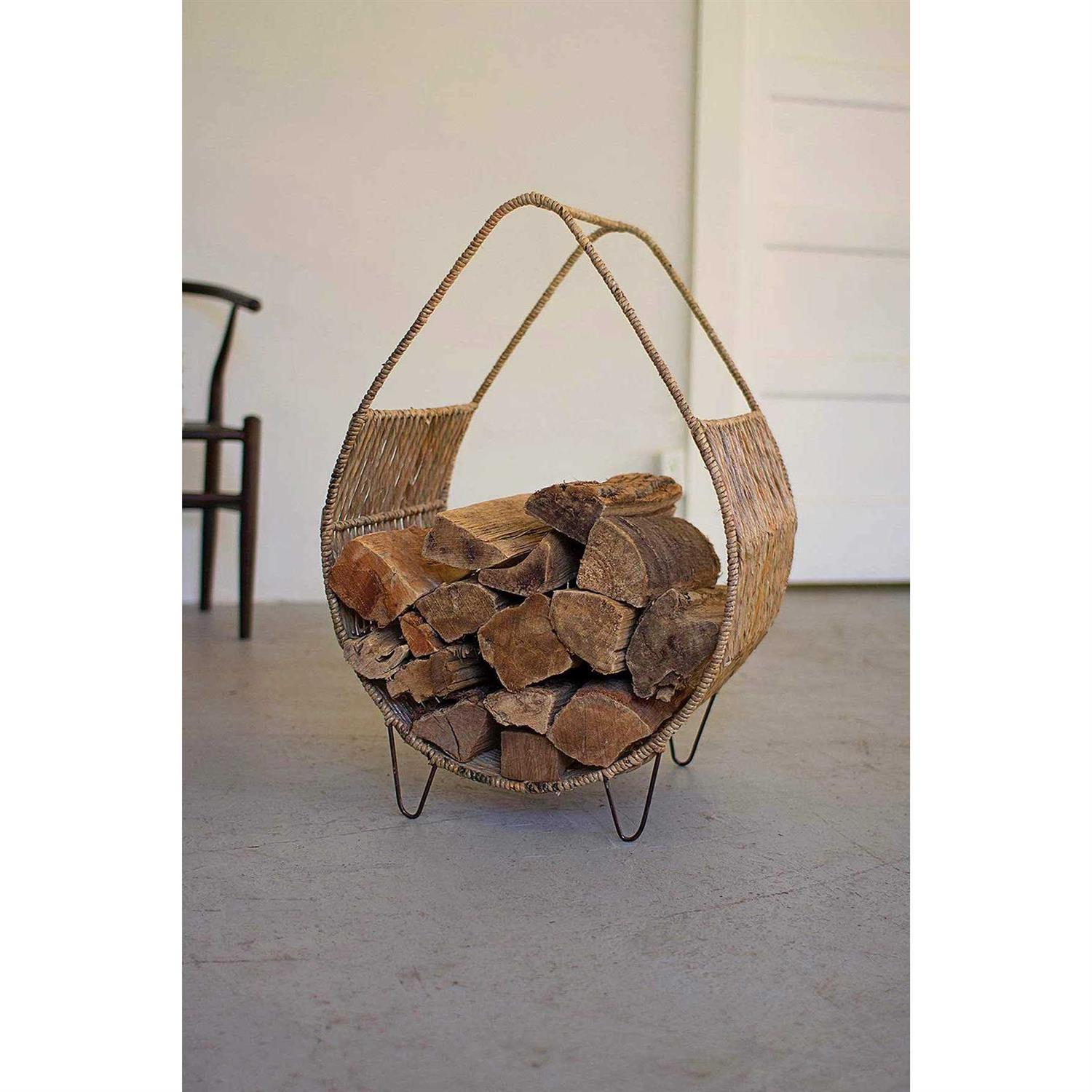 Kalalou Woven Rush and Metal Firewood Rack with Tall Handle - Image 4