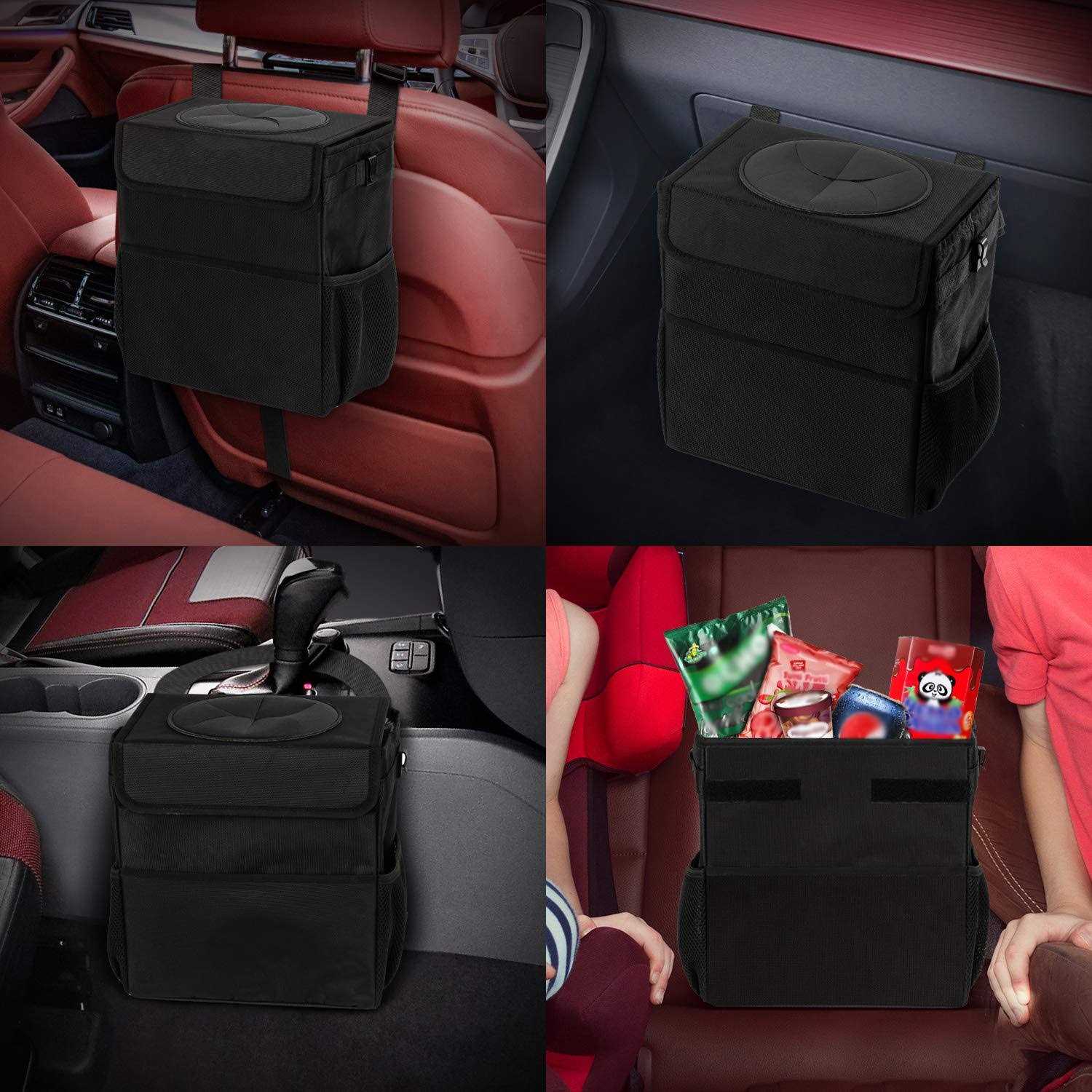Ryhpez Car Trash Can with Lid Car Trash Bag Hanging with Storage Pockets - Image 5