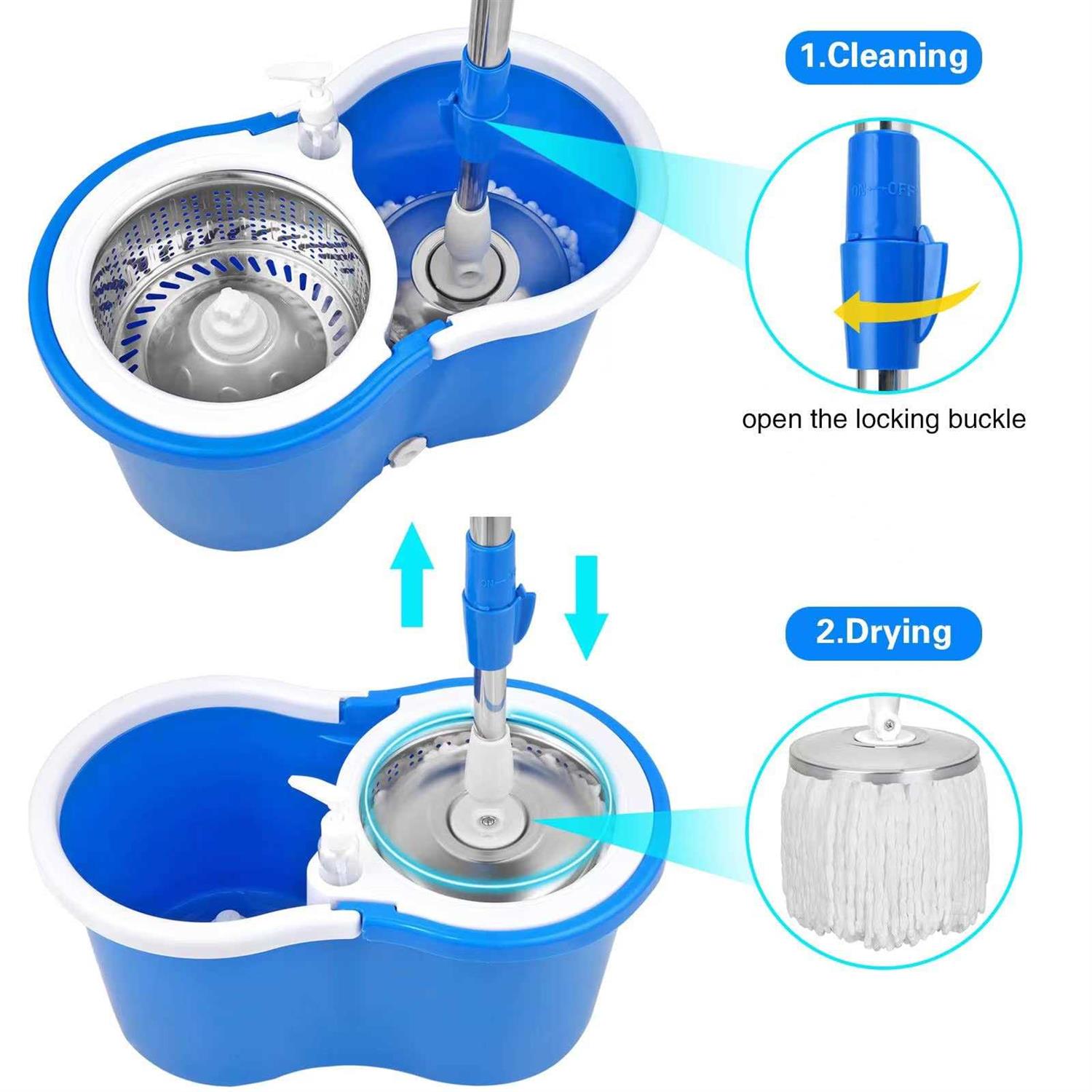 Spin Mop Bucket System 360 Spin Mop & Bucket Floor Cleaning Stainless Steel Mop Bucket with 3 Microfiber Replacement Head Refills - Image 3