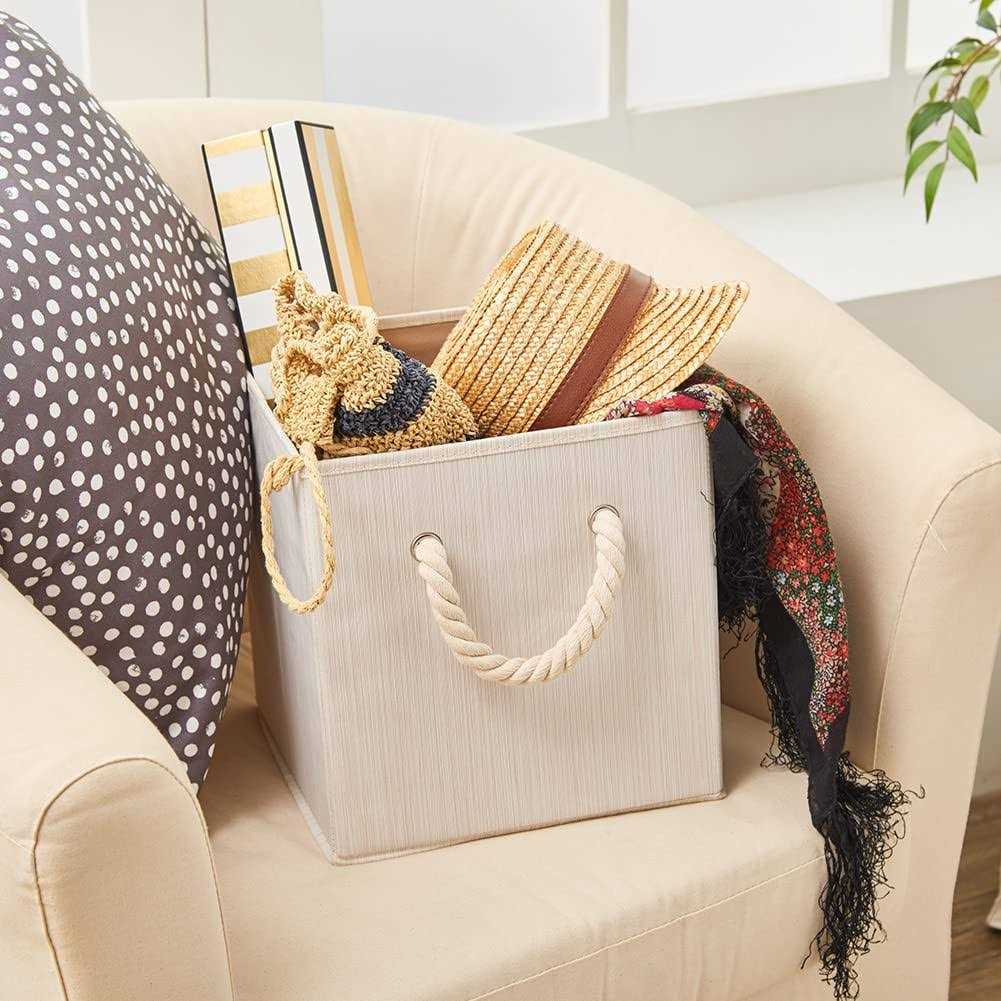 EZOWare Set of 4 Fabric Bamboo Fabric Storage Basket Bins with Cotton Rope Handle - Image 4
