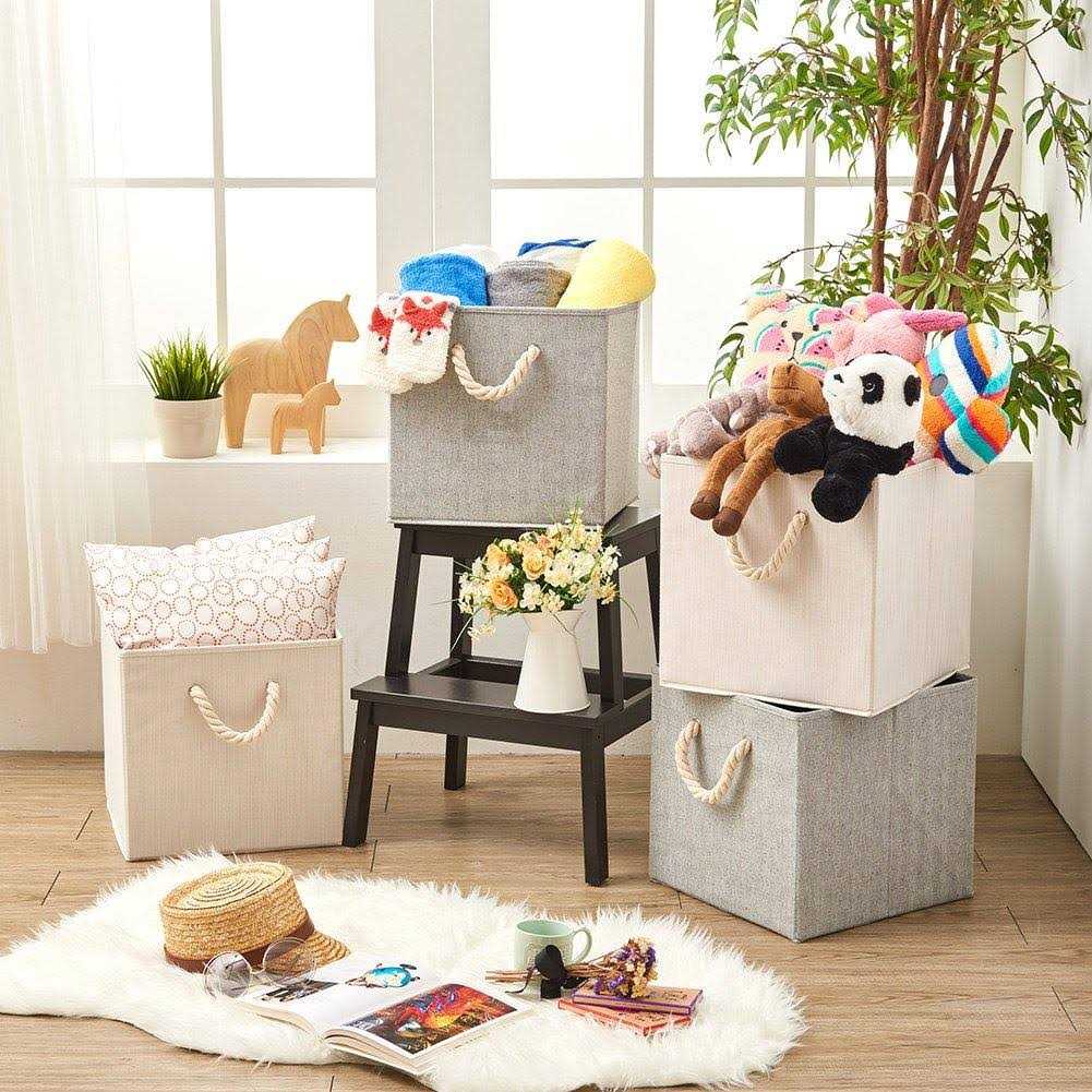 EZOWare Set of 4 Fabric Bamboo Fabric Storage Basket Bins with Cotton Rope Handle - Image 3