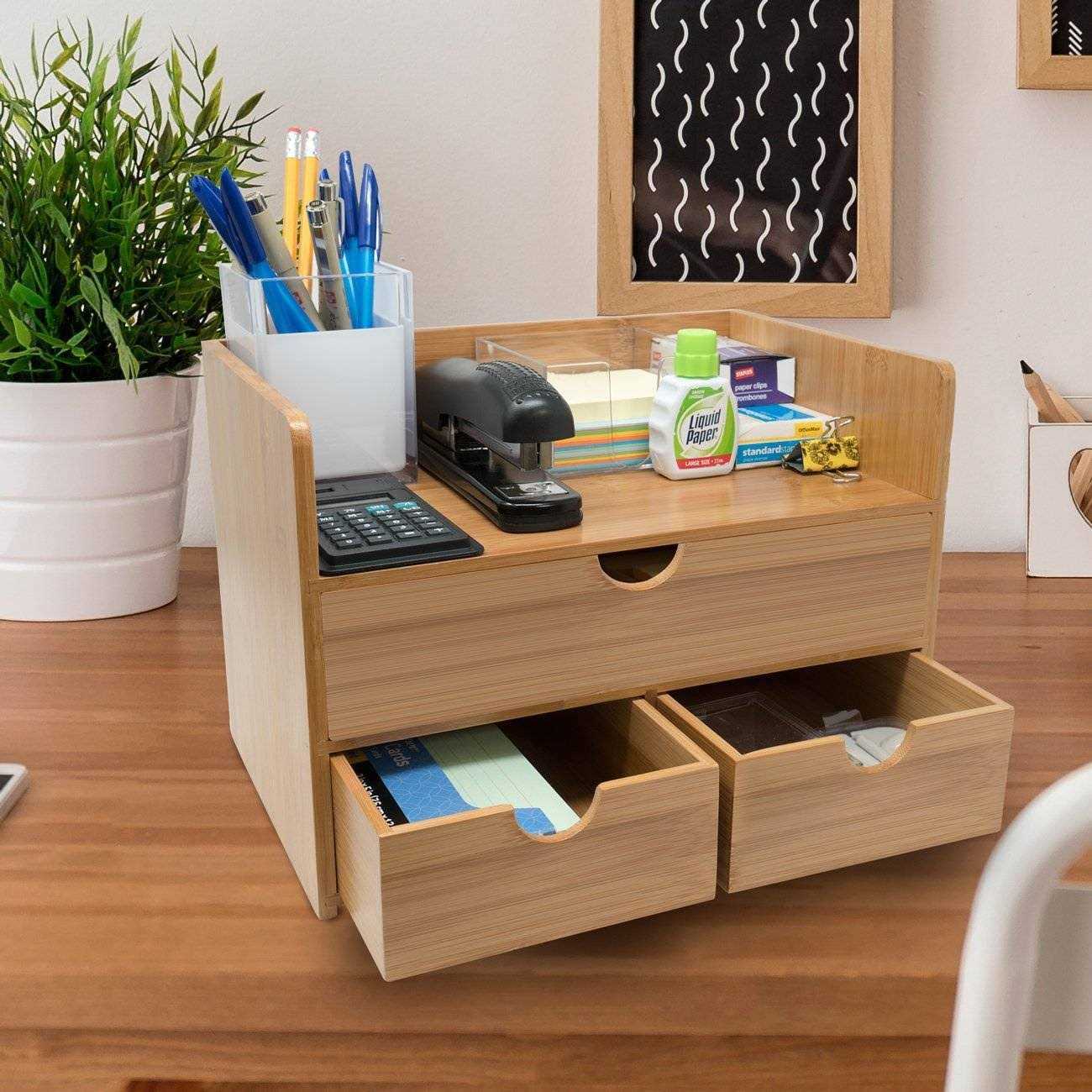 Sorbus 3-Tier Bamboo Desk Organizer with Drawers - Image 3