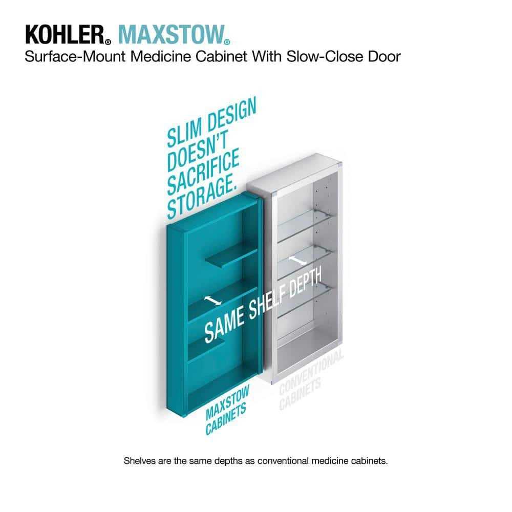 Kohler Maxstow 15 in. x 40 in. Aluminum Frameless Surface-Mount Soft Close Medicine Cabinet with Mirror - Image 4