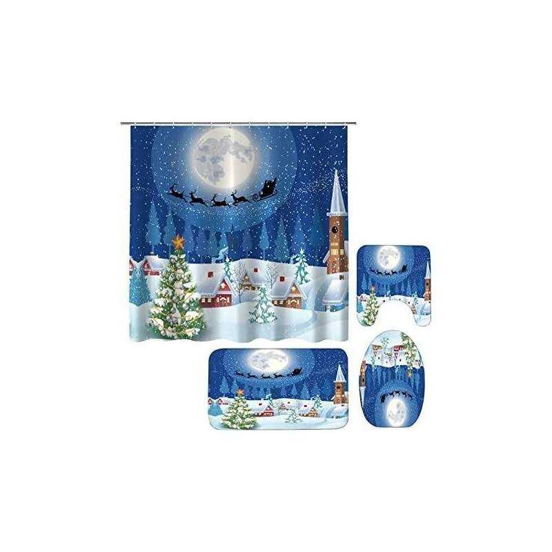 AZHM Christmas Shower Curtain Sets with Non-Slip Rugs Toilet Lid Cover and Bath Mat Elk Shower Curtains with 12 Hooks Waterproof 4 Piece Bathroom - Image 4