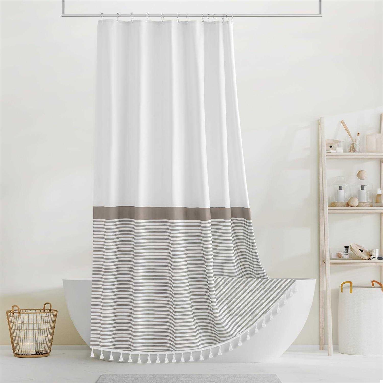 Seasonwood Shower Curtain Shower Curtain White Striped Shower Curtain Bathroom Tassel - Image 5