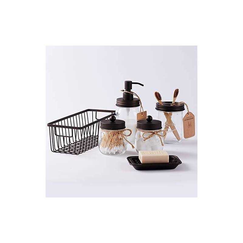 Premium Mason Jar Bathroom Accessories Set Lotion Soap Dispenser,Toothbrush Holder,2 Apothecary Jars - Image 4