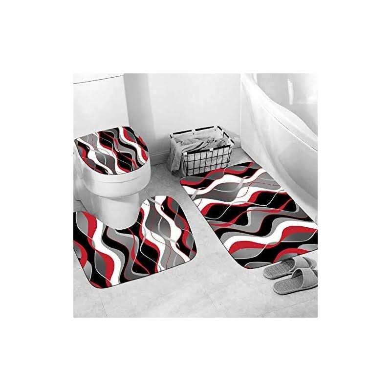 Nkzply 4 Pcs and Black Striped Shower Curtain Set with Rugs and Toilet Lid Cover Grey and White Bathroom Sets - Image 3