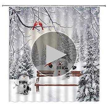 Christmas Shower Curtain Cute Snowman Snowflake Scene Snow Winter - Image 3