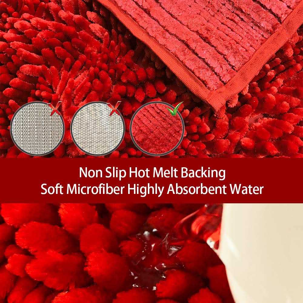 Civkor Red Bathroom Rugs Bath Mat Rug Set 2 Piece Butter Chenille, Shiny Noodle Bathroom Mats 31x20 and 24x16 Inch with Non Slip Backing - Image 4