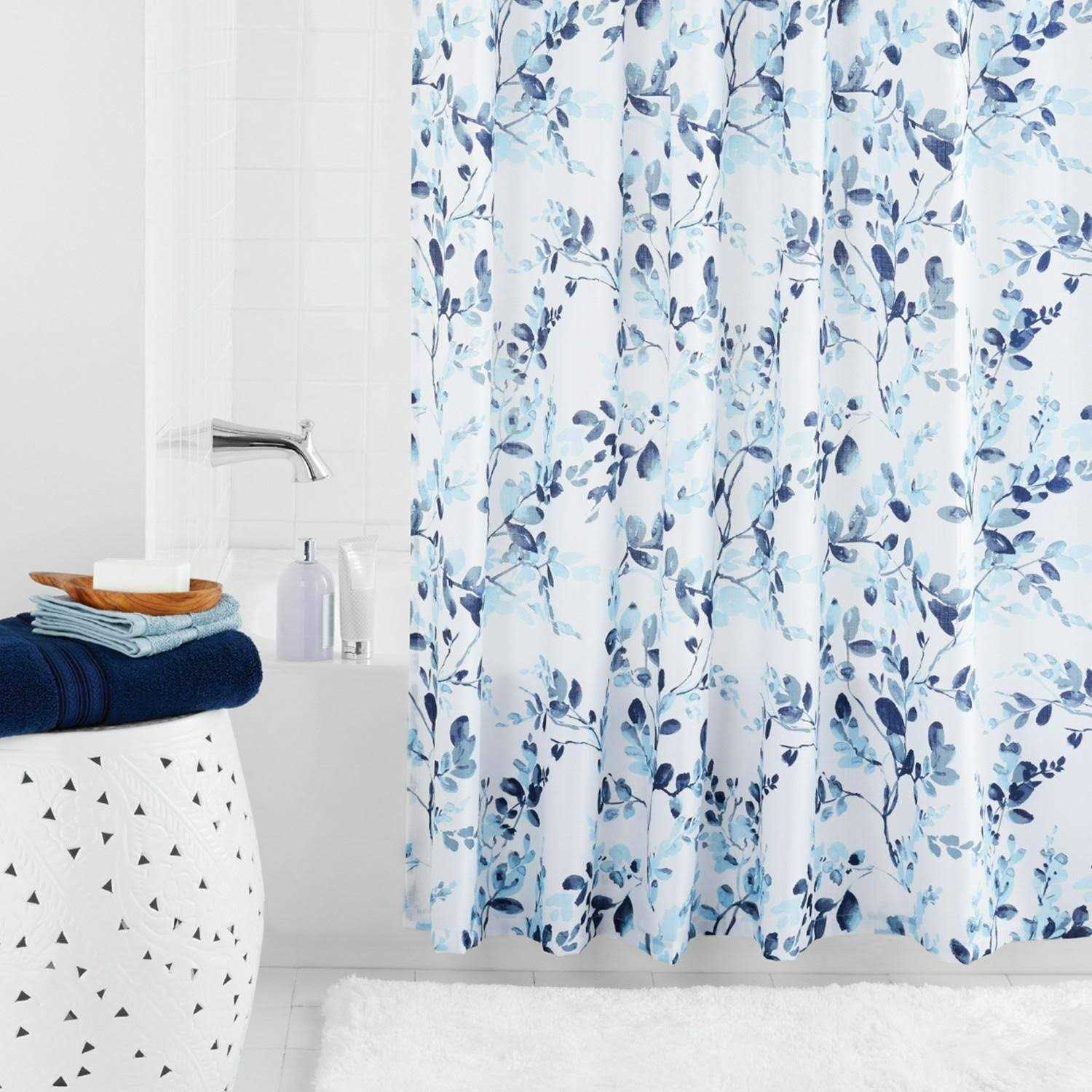 Mainstays 70 x 72 Blue Watercolor Botanical Floral Fabric Shower Curtain - Image 4