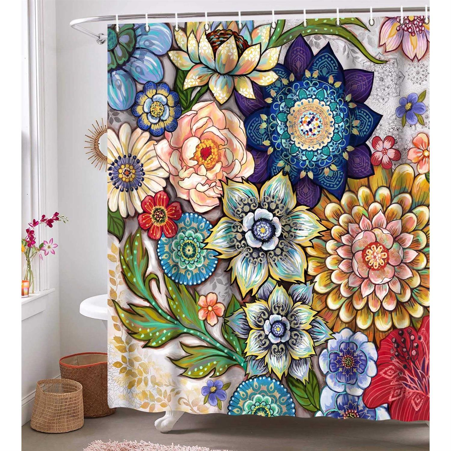 Neasow Boho Floral Shower Curtains for Bathroom Bright Fabric Blossom Shower Curtain with 12 Hooks - Image 5