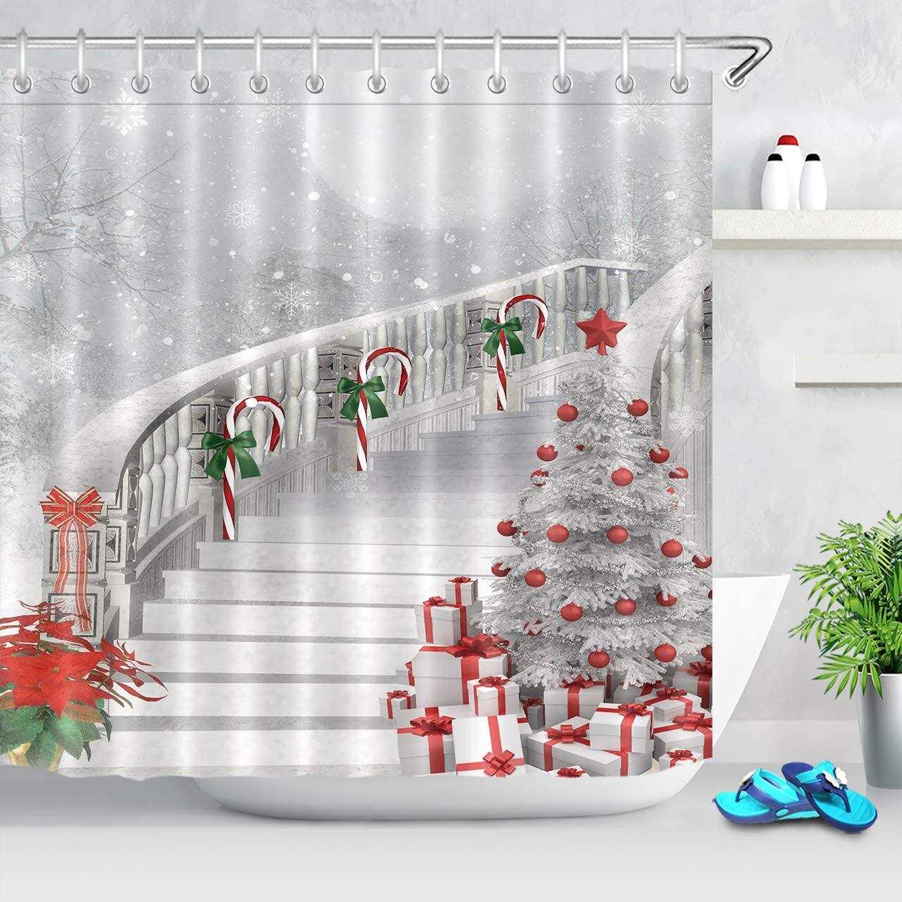 LB Merry Christmas Season Eve New Year Decorative Decor Gift Shower Curtain Polyester Fabric White Night Snow Candy Cane - Image 3