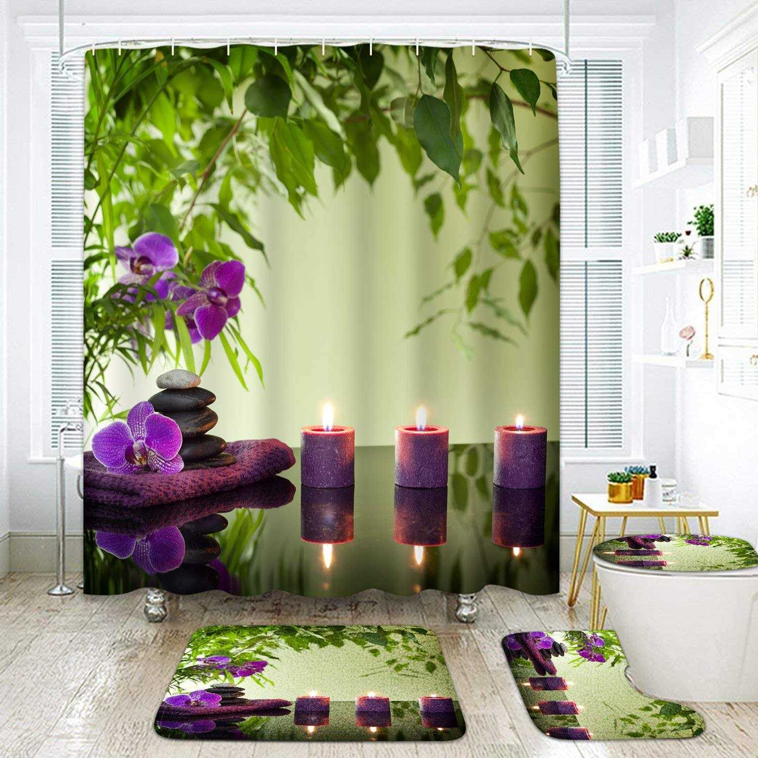 Britimes 4 Piece Shower Curtain Sets Non-Slip Rugs, Toilet Lid Cover and Bath Mat, Durable and Waterproof - Image 3