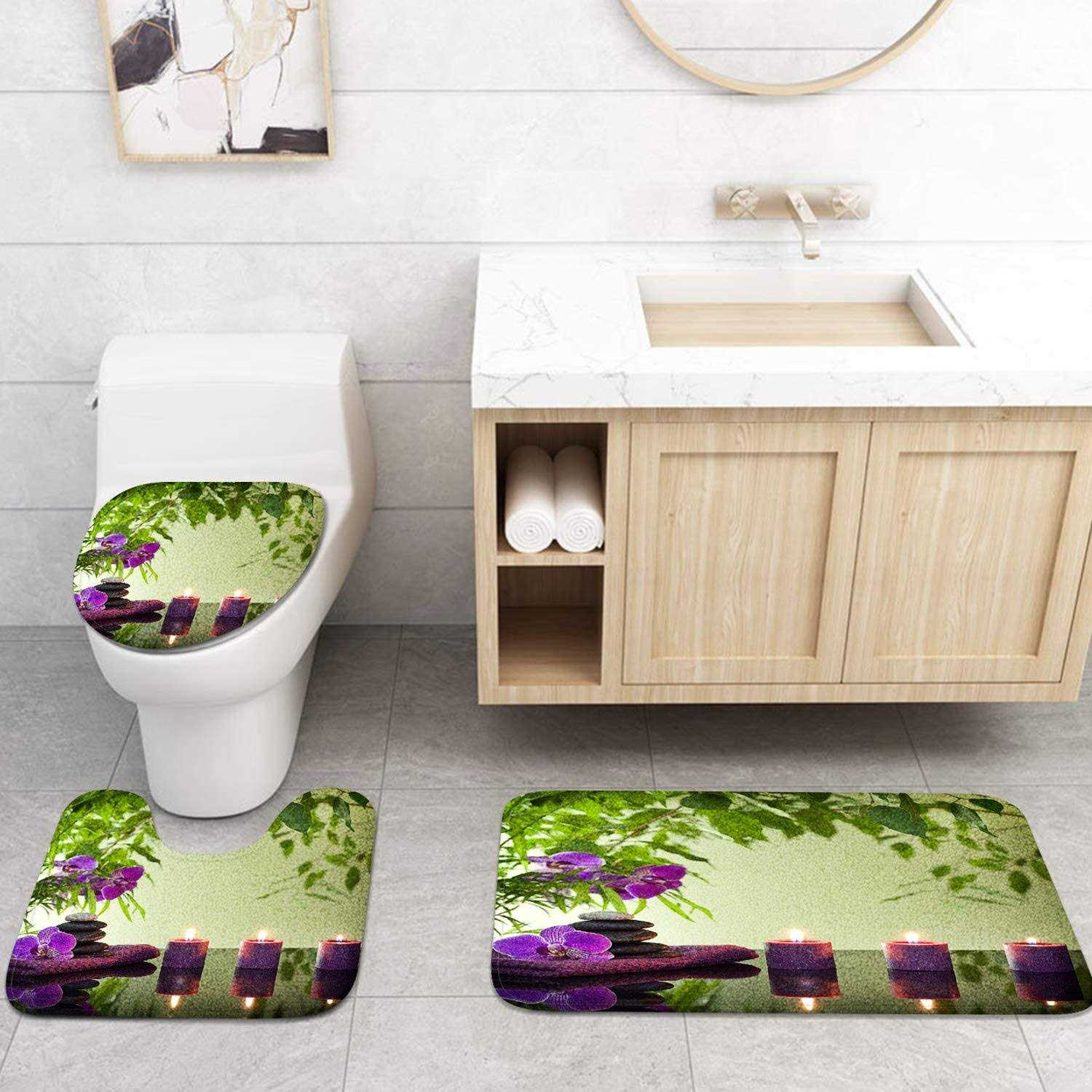 Britimes 4 Piece Shower Curtain Sets Non-Slip Rugs, Toilet Lid Cover and Bath Mat, Durable and Waterproof - Image 4