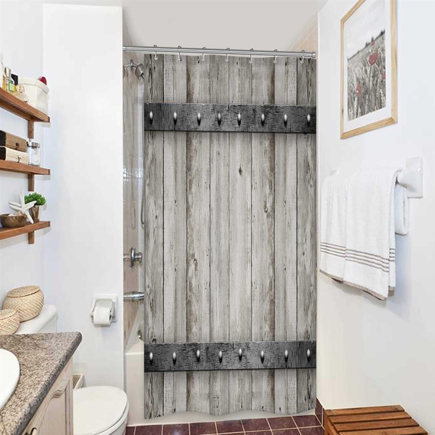Riyidecor Rustic Small Stall Barn Door Shower Curtain 36Wx72H Farmhouse Wood Plank Wooden Country Texture Bathroom Decor Fabric Polyester Waterproof - Image 5