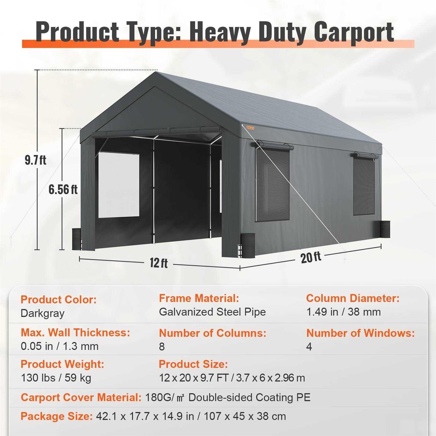 VEVOR Carport Heavy Duty Car Canopy Portable Garage with Roll-up Ventilated Windows - Image 5