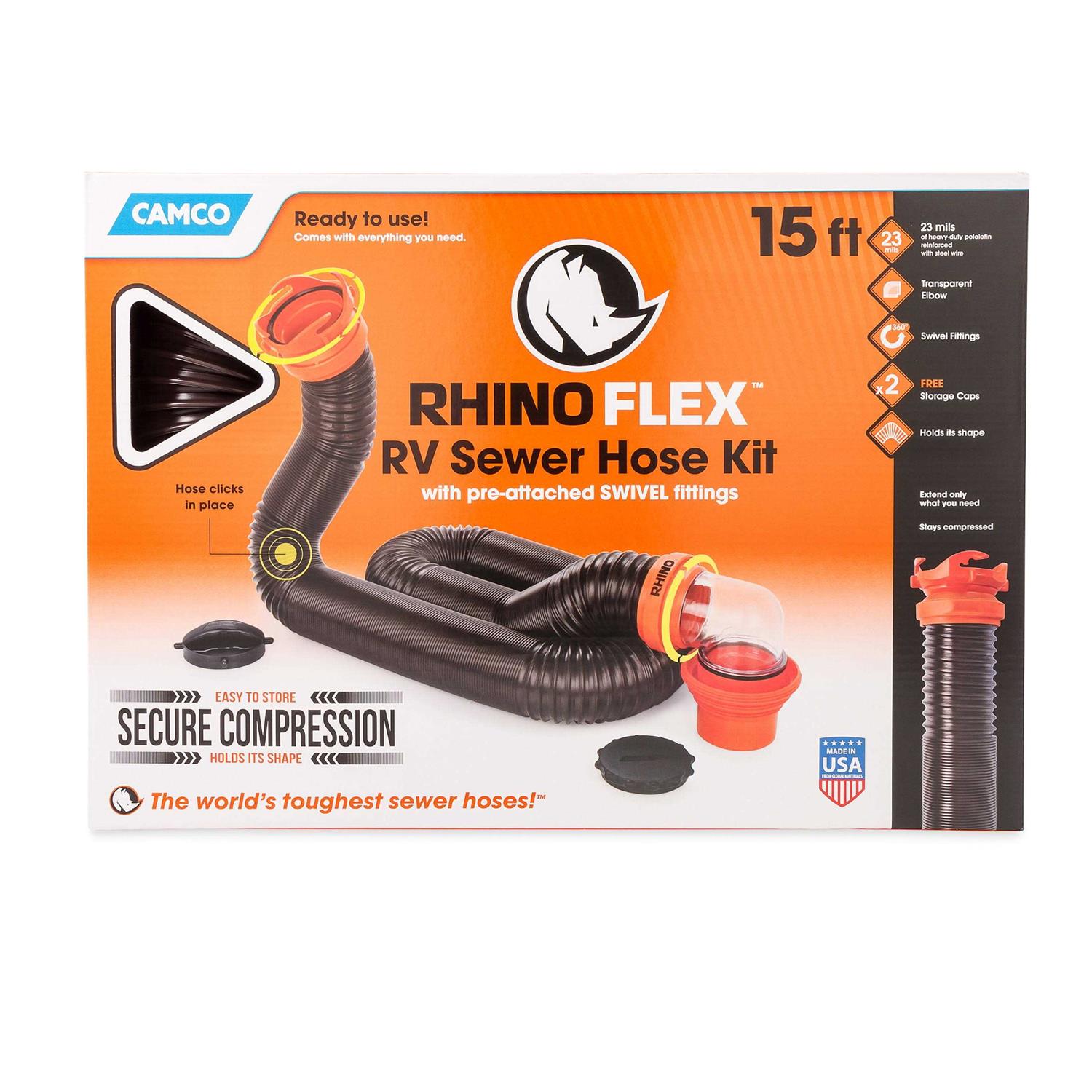 Camco Camper/RV RhinoFLEX Sewer Hose Kit with 15' Hose and Swivel Fittings - Image 4