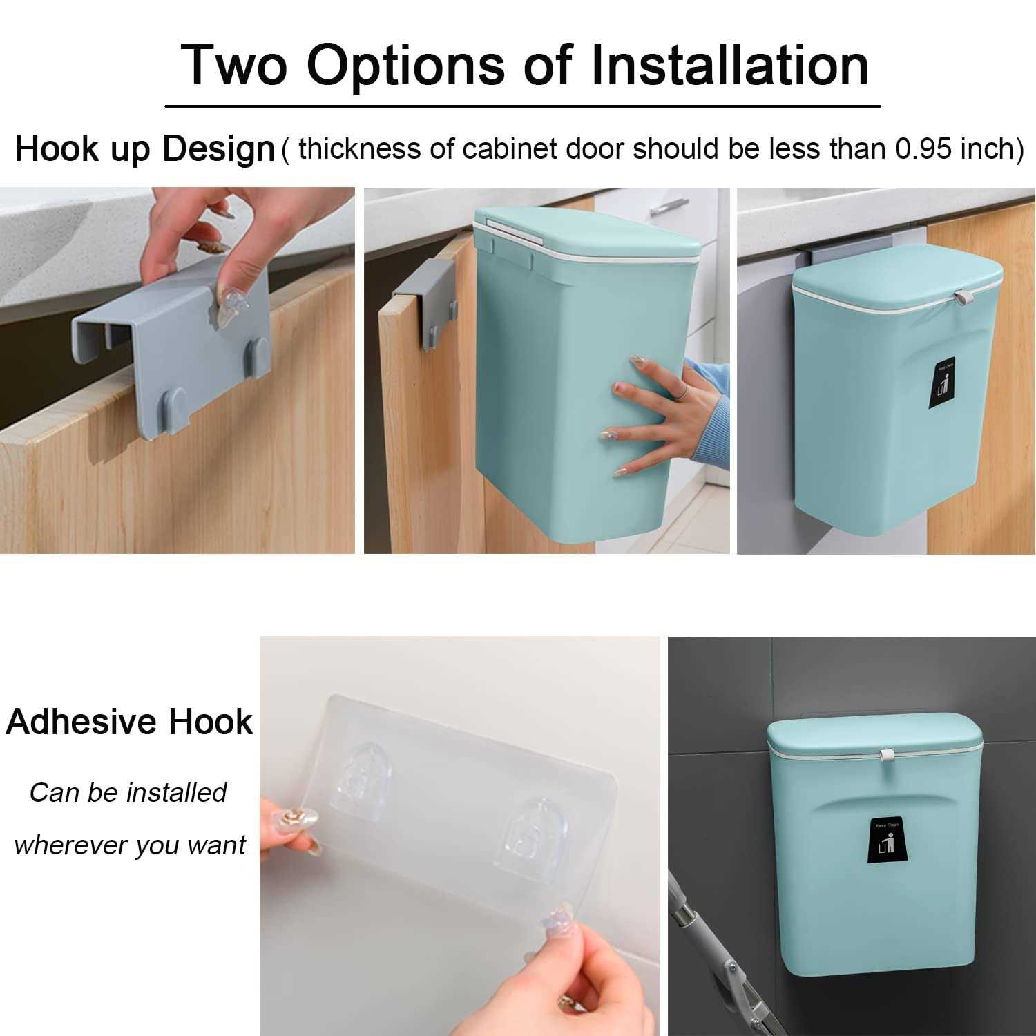 Tiyafuro 2.4 Gallon Kitchen Compost Bin for Counter Top or Under Sink Hanging Small Trash Can with Lid for Cupboard/bathroom/bedroom/office/camping - Image 5