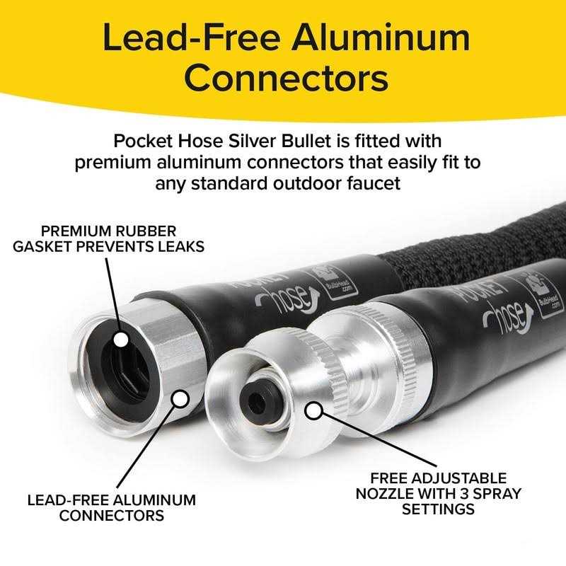Bulbhead Pocket Hose Silver Bullet 75 ft Turbo Shot Nozzle Multiple Spray Patterns Expandable Garden Hose 3/4 in Solid Aluminum Fittings Lead-Free - Image 4