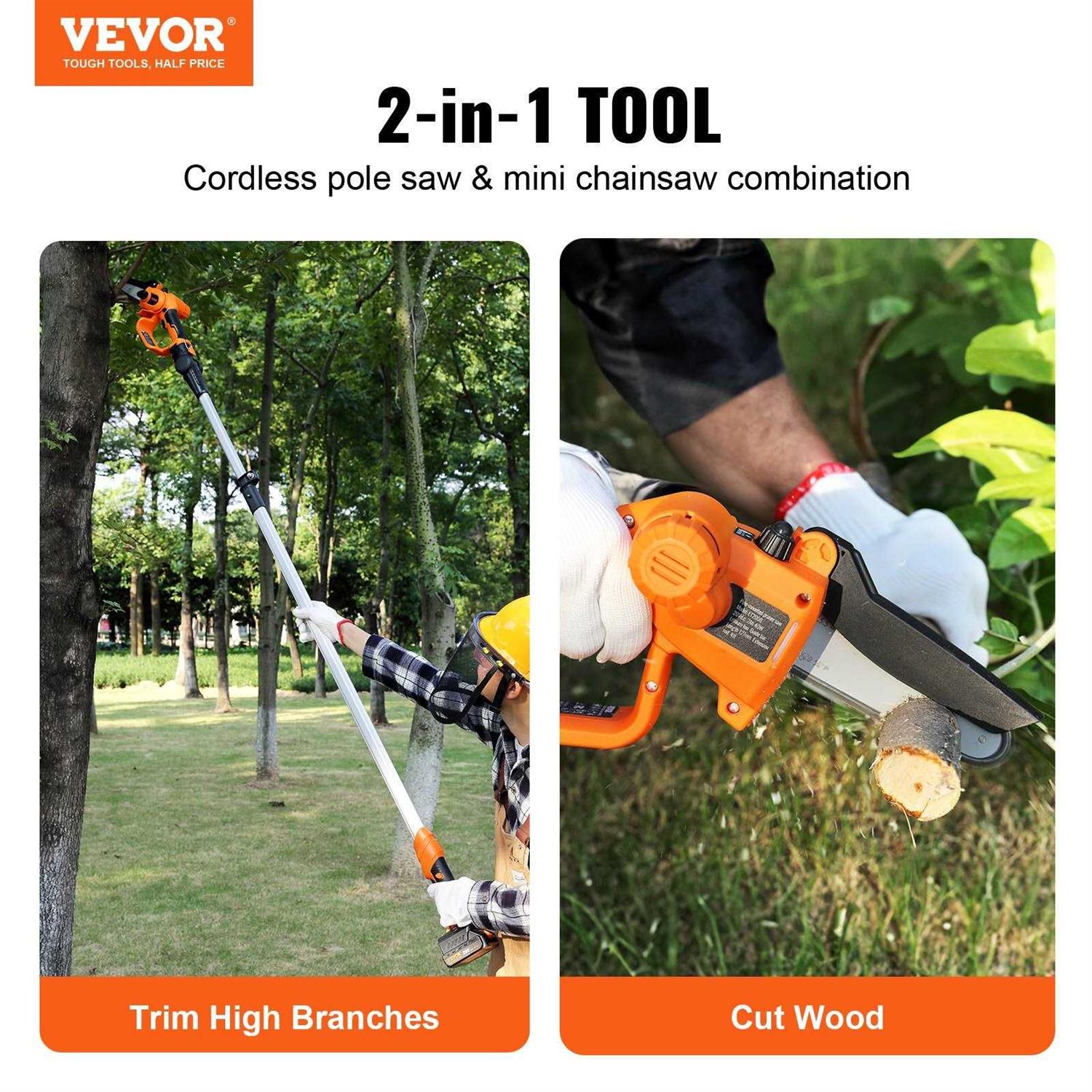 VEVOR 2-in-1 Cordless Pole Saw & Mini Chainsaw 20V 4Ah Battery Pole Chainsaw - Image 5