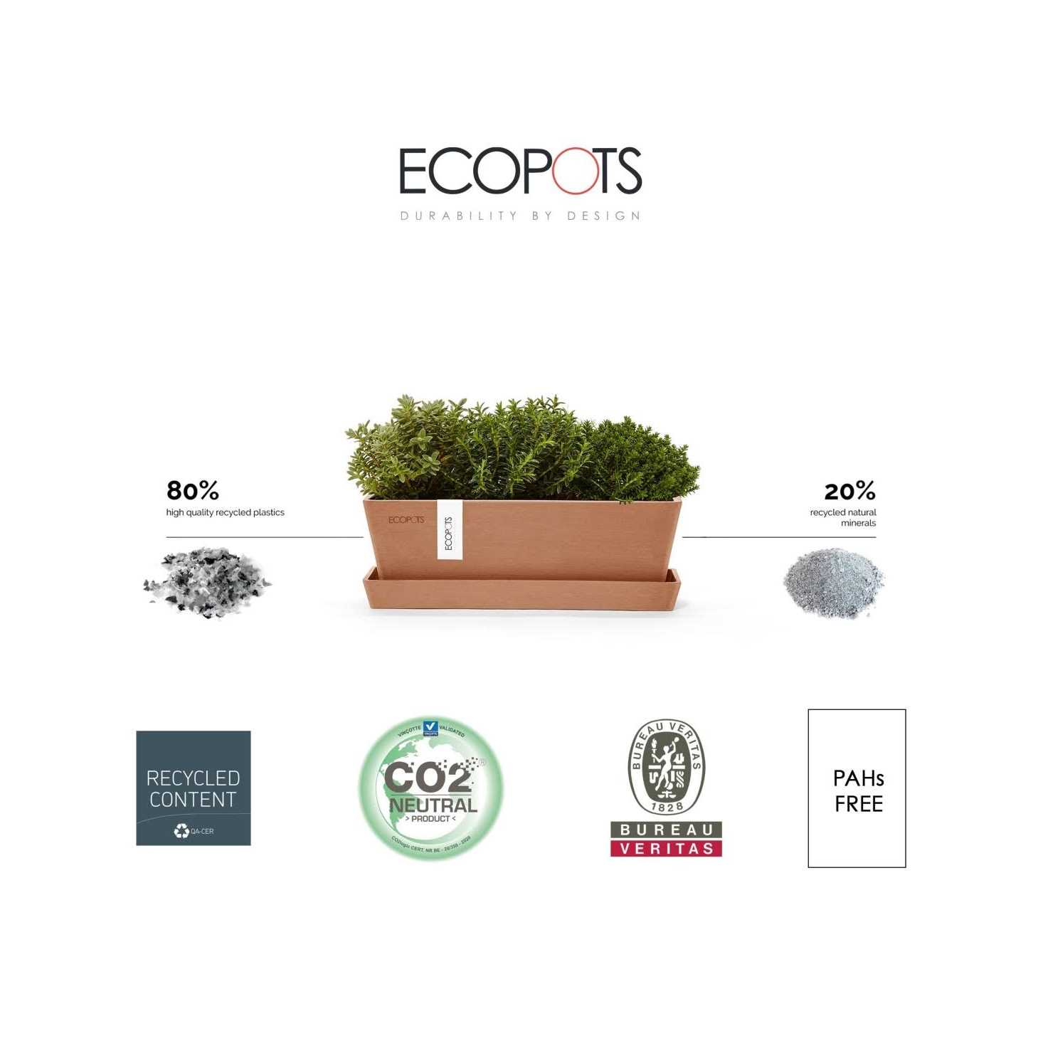 Ecopots Bruges Indoor/Outdoor Modern Plastic Rectangular Flower Pot Planter with Saucer - Image 4