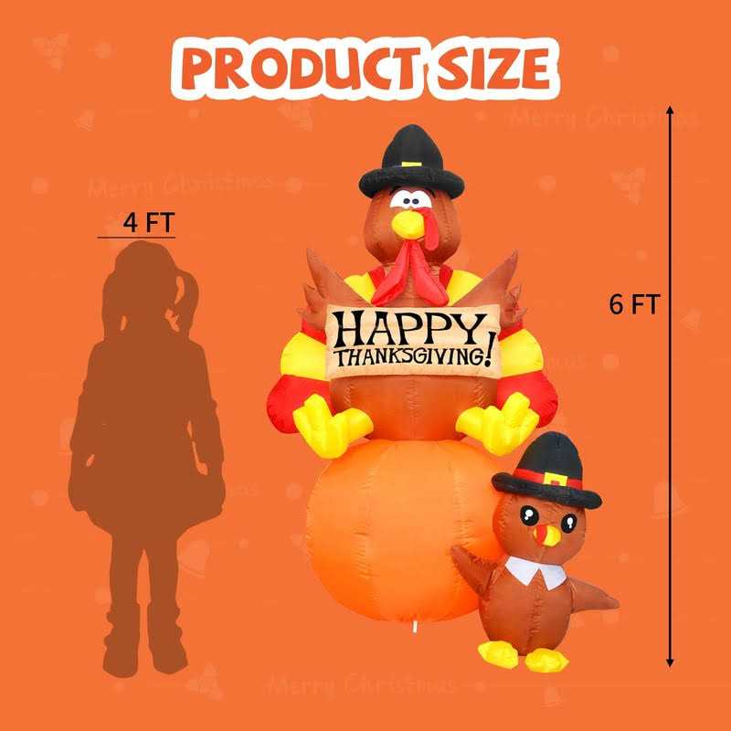 GOOSH 6 FT Height Thanksgiving Inflatables Turkey on Pumpkin & Little Turkey Blow Up Yard Decoration Clearance with Led Lights Built-in for Halloween - Image 3
