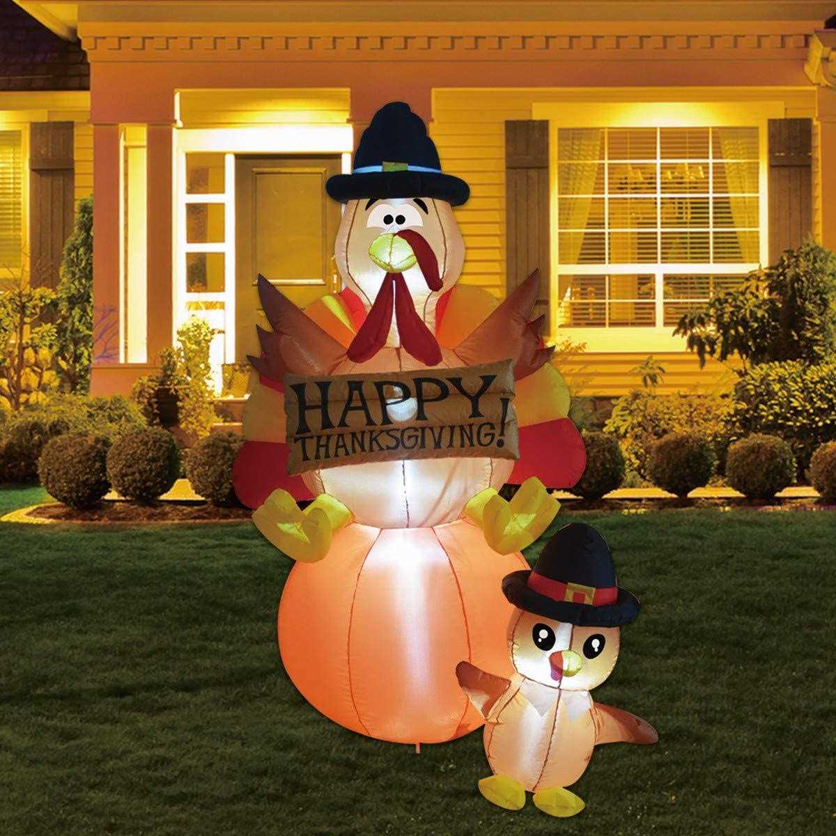 GOOSH 6 FT Height Thanksgiving Inflatables Turkey on Pumpkin & Little Turkey Blow Up Yard Decoration Clearance with Led Lights Built-in for Halloween - Image 5
