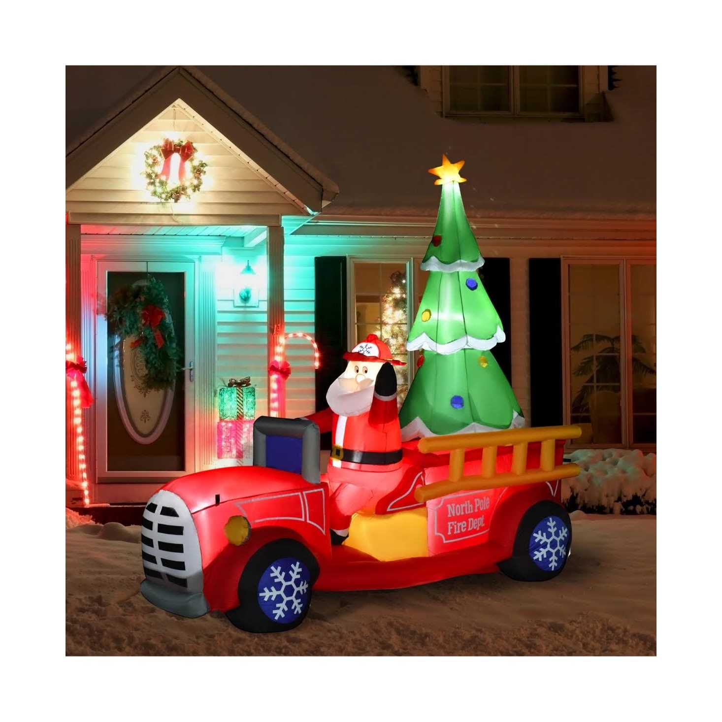 HOMCOM 7.5ft Christmas Blowup Santa Fire Truck Decoration with LED Lights - Image 4